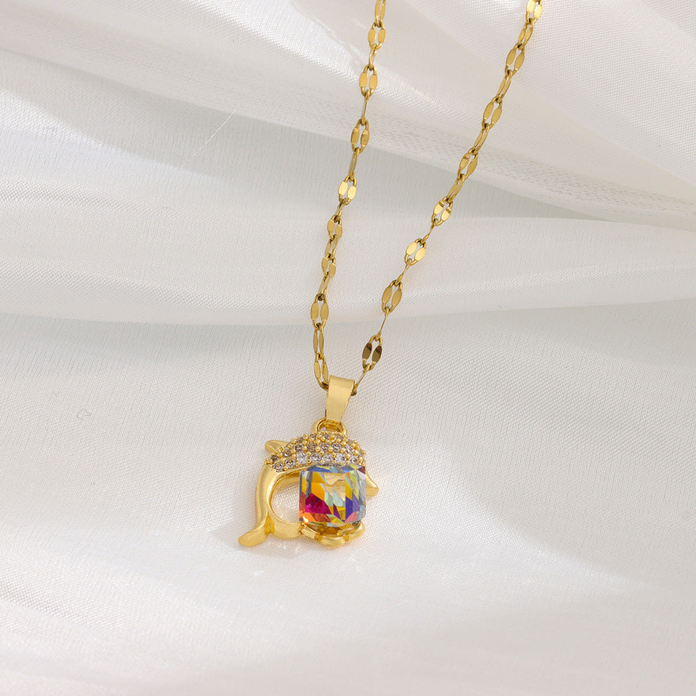 Women's Gold-plated Stainless Steel Dolphin Colorful Crystals Cube Sugar Necklace