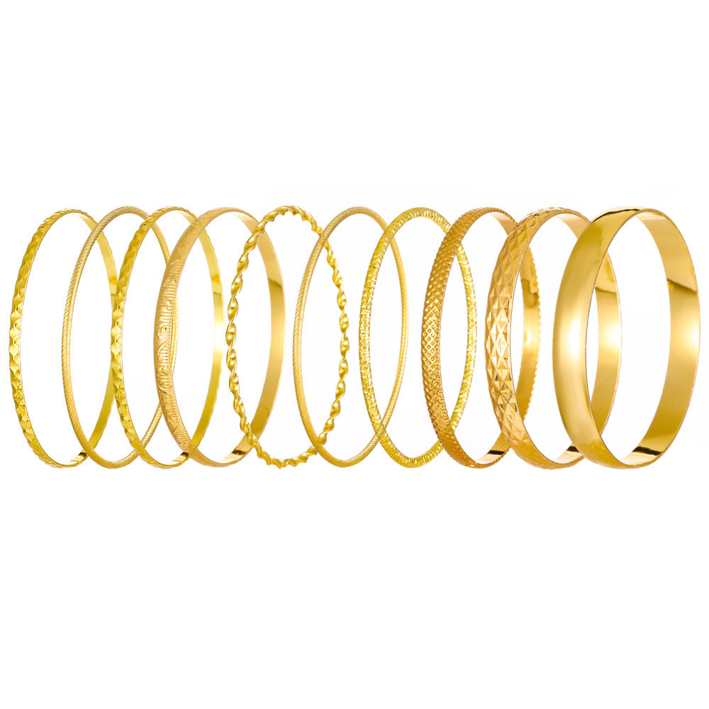Ethnic Style Alloy Retro Wide Gold Glossy Wristband Bracelet 10 PCs Set