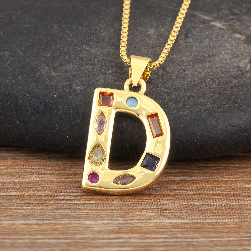 Copper Plating 18K Real Gold 26 English Letter Simplicity Colorful Crystals Necklace
