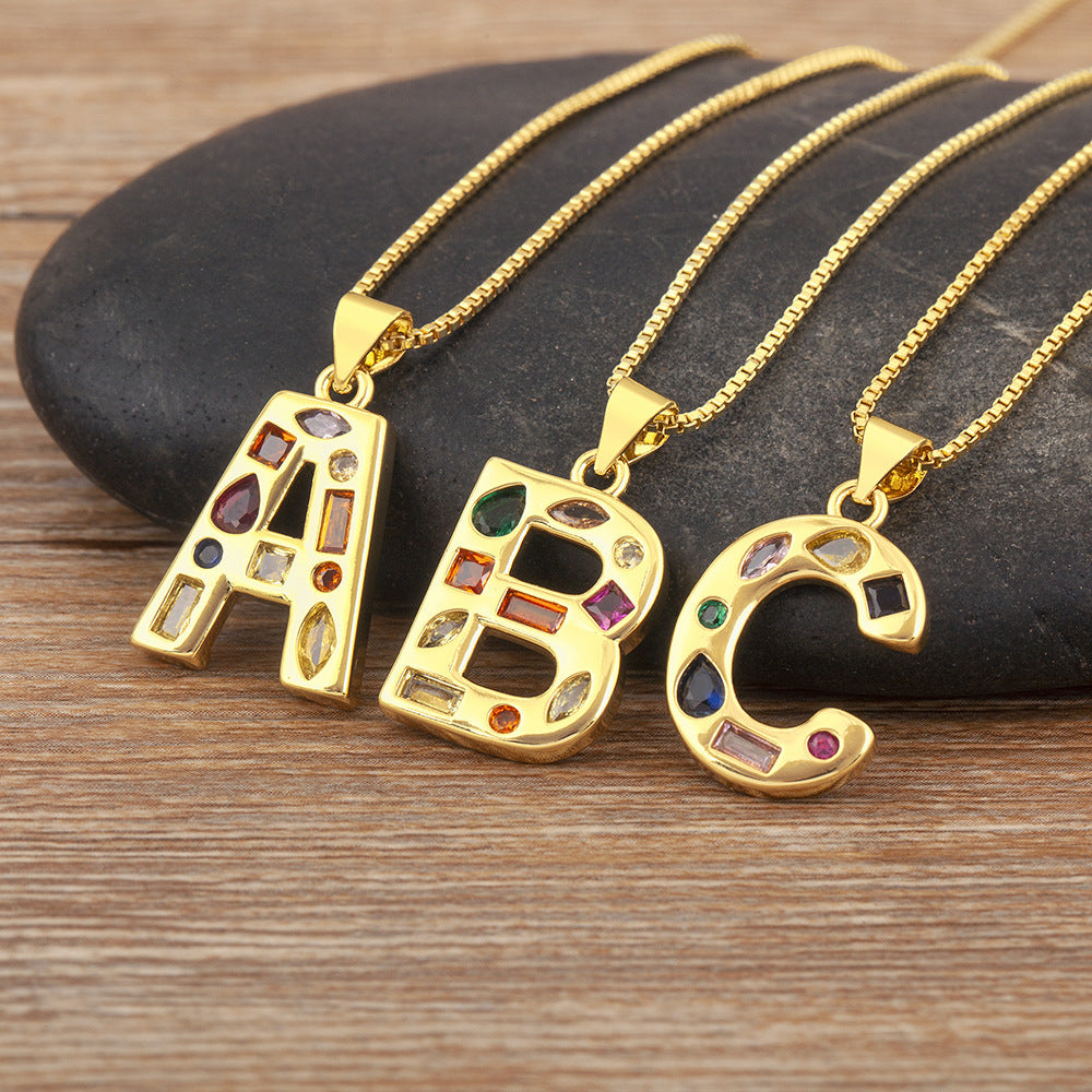 Copper Plating 18K Real Gold 26 English Letter Simplicity Colorful Crystals Necklace