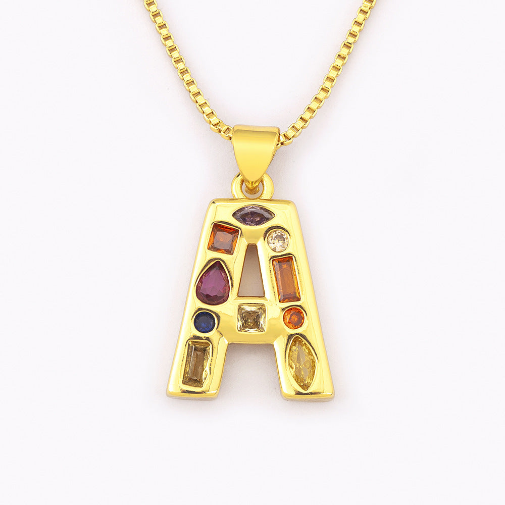 Copper Plating 18K Real Gold 26 English Letter Simplicity Colorful Crystals Necklace