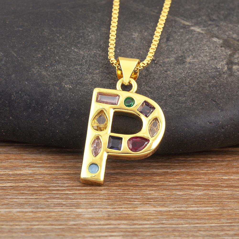 Copper Plating 18K Real Gold 26 English Letter Simplicity Colorful Crystals Necklace