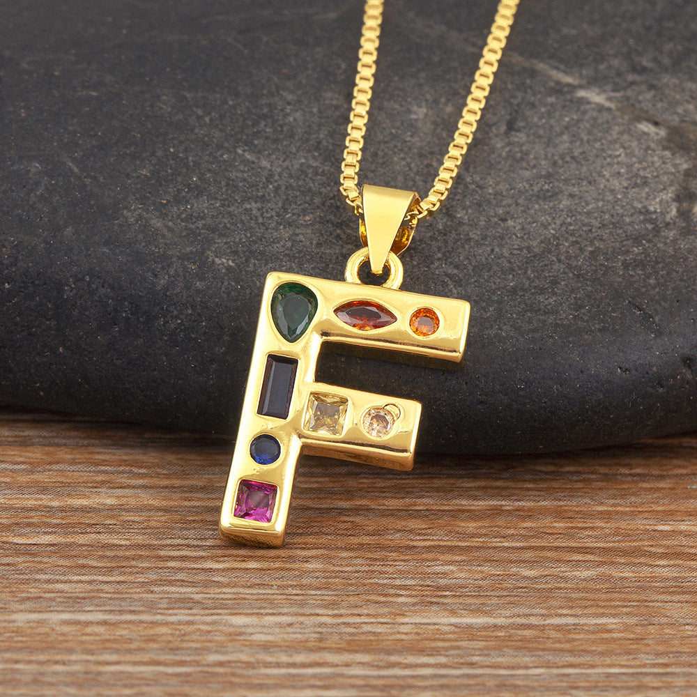 Copper Plating 18K Real Gold 26 English Letter Simplicity Colorful Crystals Necklace