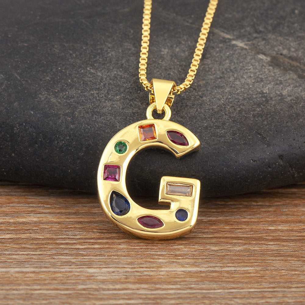 Copper Plating 18K Real Gold 26 English Letter Simplicity Colorful Crystals Necklace