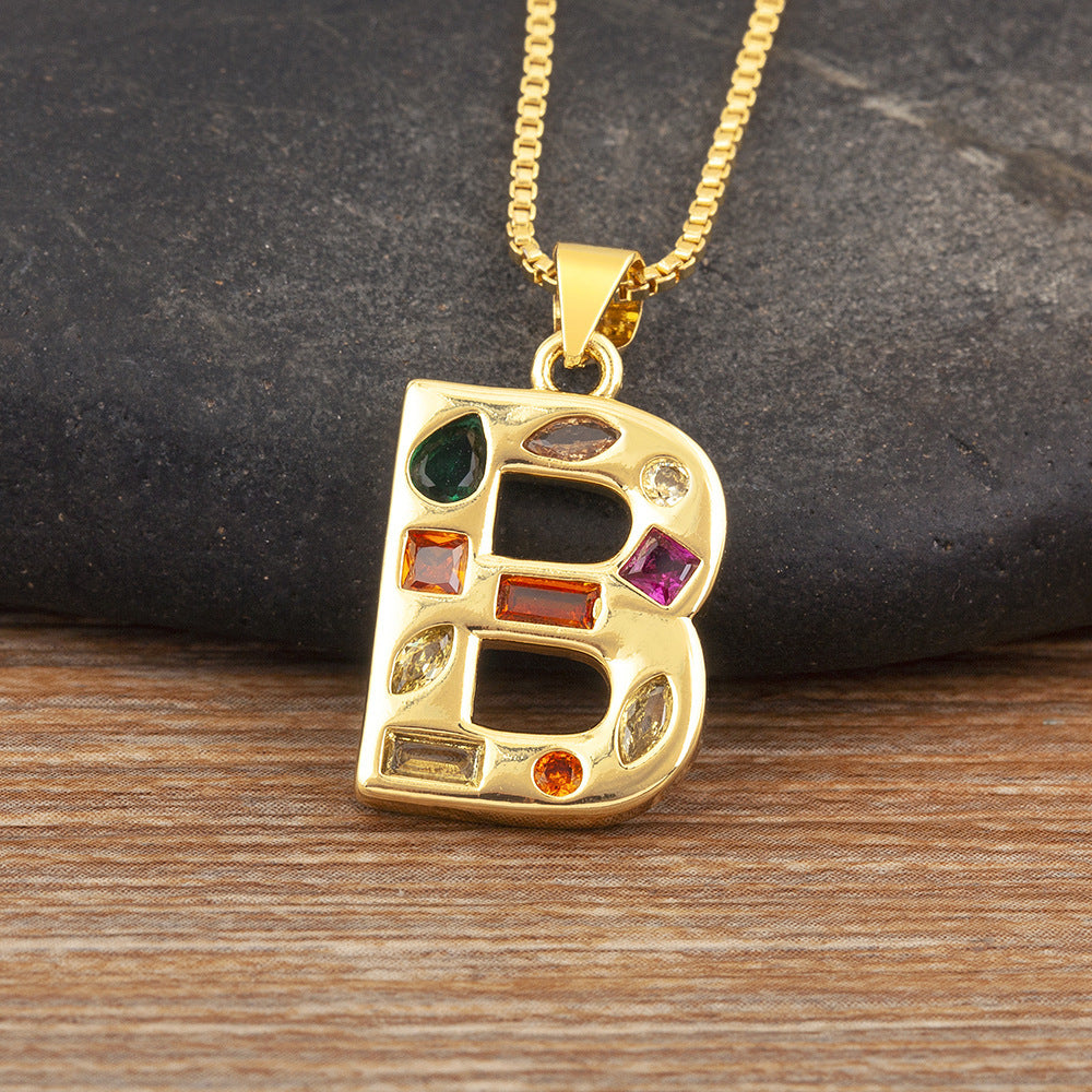 Copper Plating 18K Real Gold 26 English Letter Simplicity Colorful Crystals Necklace