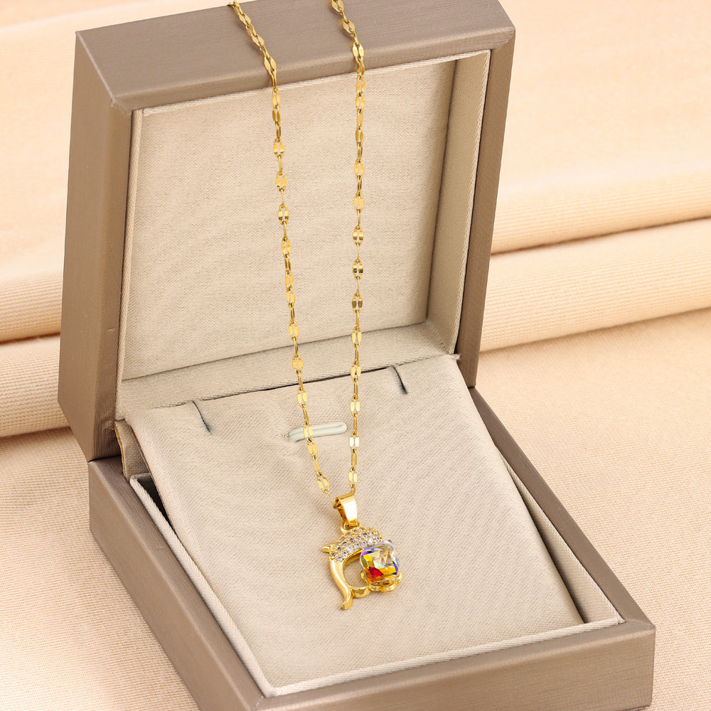 Women's Gold-plated Stainless Steel Dolphin Colorful Crystals Cube Sugar Necklace