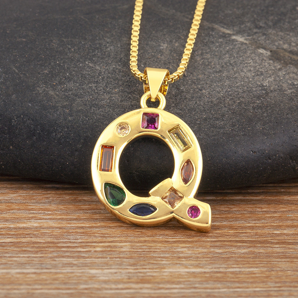 Copper Plating 18K Real Gold 26 English Letter Simplicity Colorful Crystals Necklace
