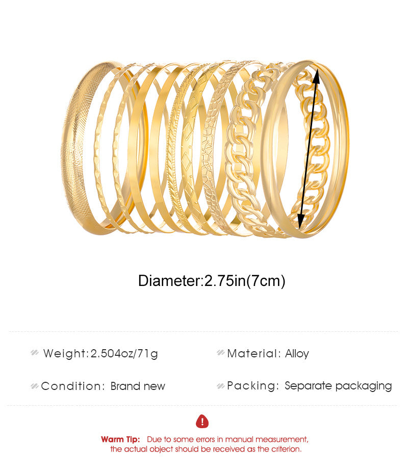 Ethnic Style Alloy Retro Wide Gold Glossy Wristband Bracelet 10 PCs Set