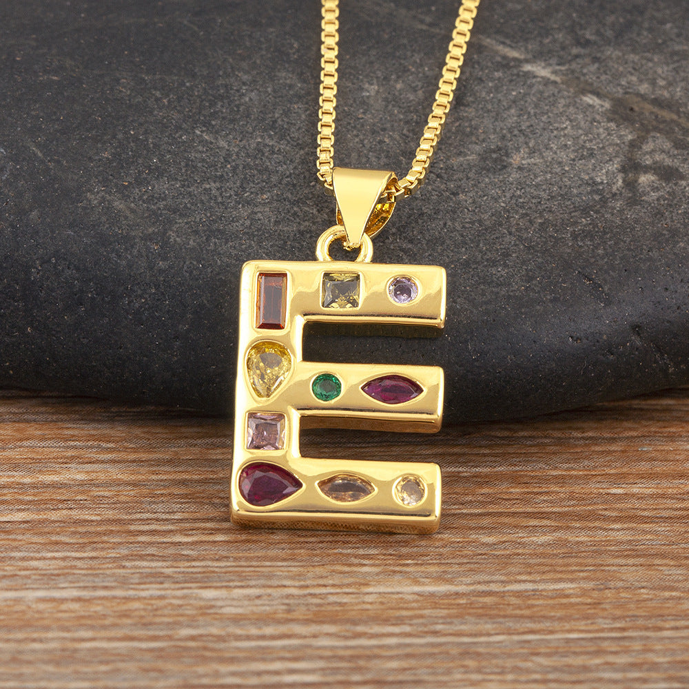 Copper Plating 18K Real Gold 26 English Letter Simplicity Colorful Crystals Necklace