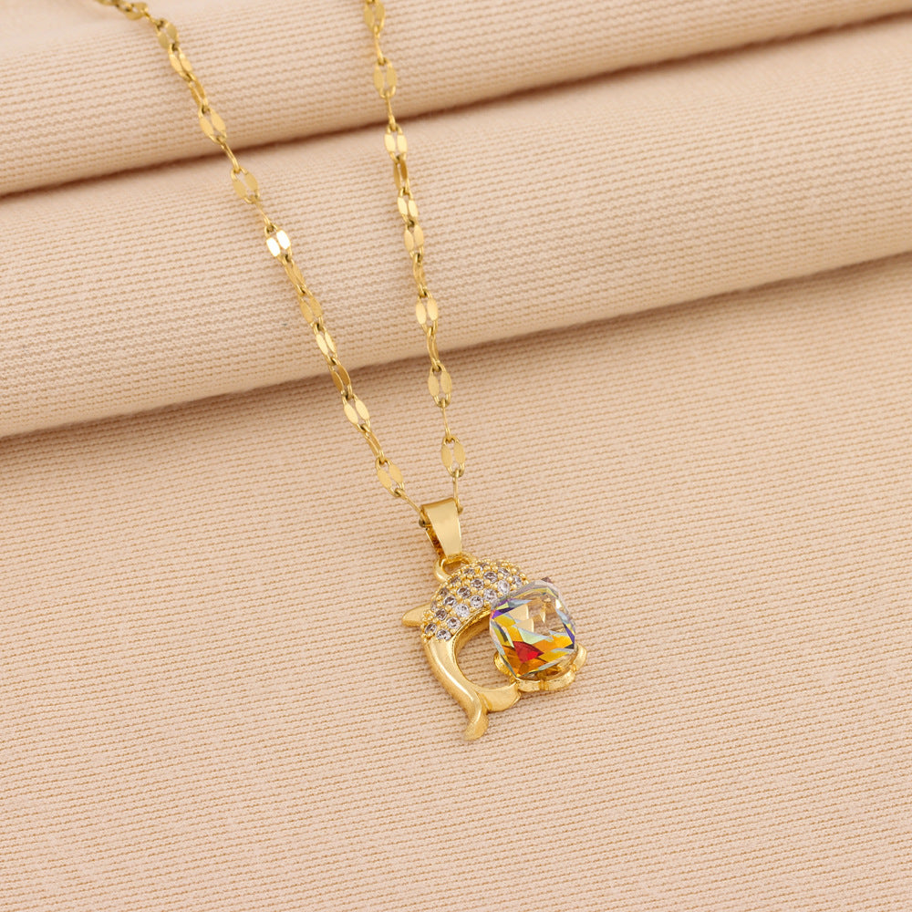 Women's Gold-plated Stainless Steel Dolphin Colorful Crystals Cube Sugar Necklace