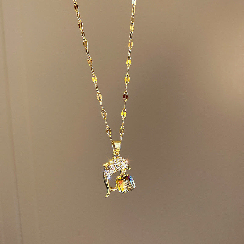Women's Gold-plated Stainless Steel Dolphin Colorful Crystals Cube Sugar Necklace