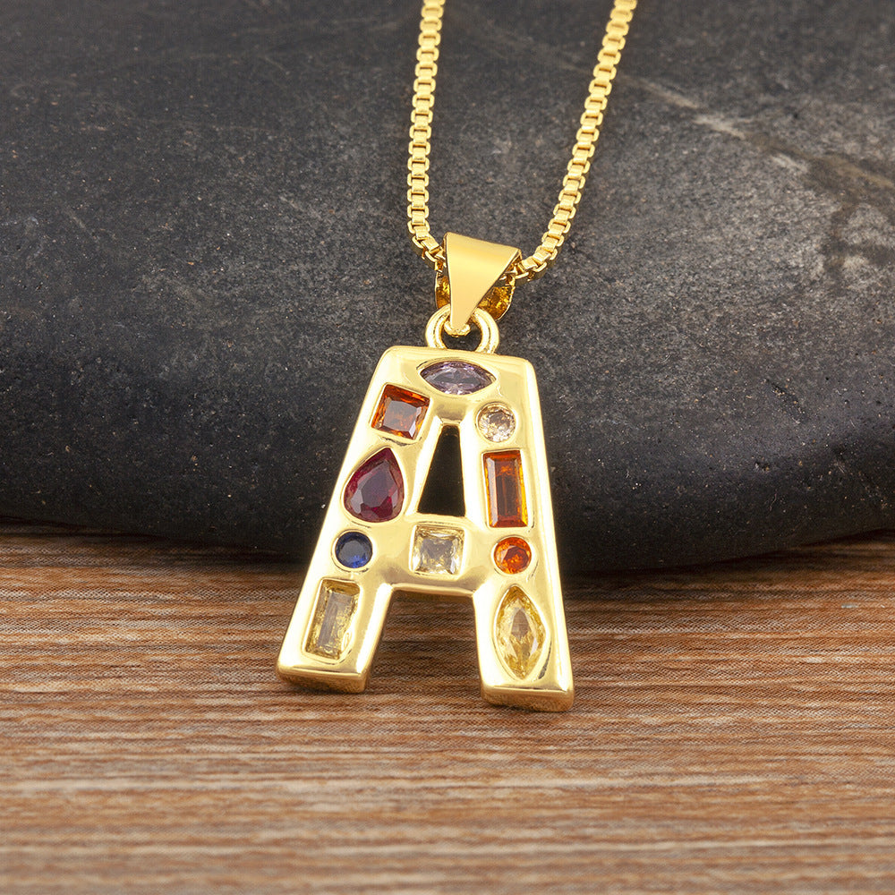 Copper Plating 18K Real Gold 26 English Letter Simplicity Colorful Crystals Necklace